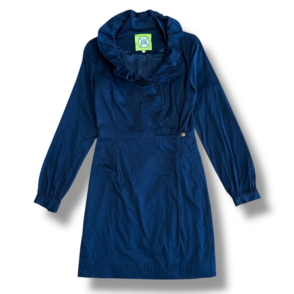 Elizabeth McKay Women’s Navy Ruffle Collar Wrap Dress Size 2 Long Sleeve